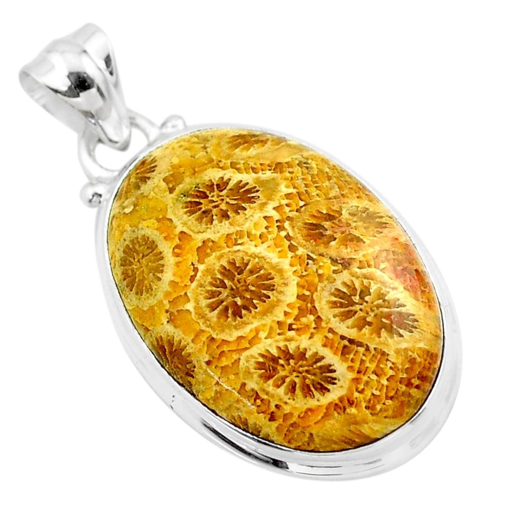 16.70cts natural yellow fossil coral petoskey stone 925 silver pendant t26663