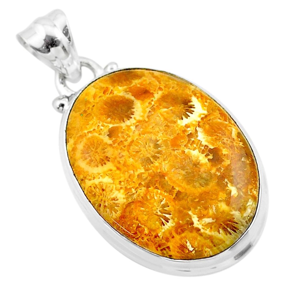 17.18cts natural yellow fossil coral petoskey stone 925 silver pendant t26665