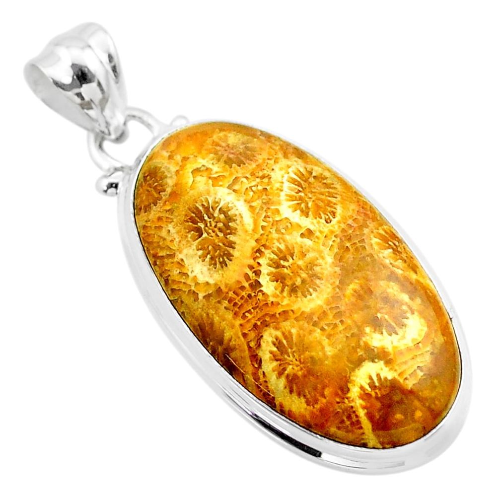 17.22cts natural yellow fossil coral petoskey stone 925 silver pendant t26674