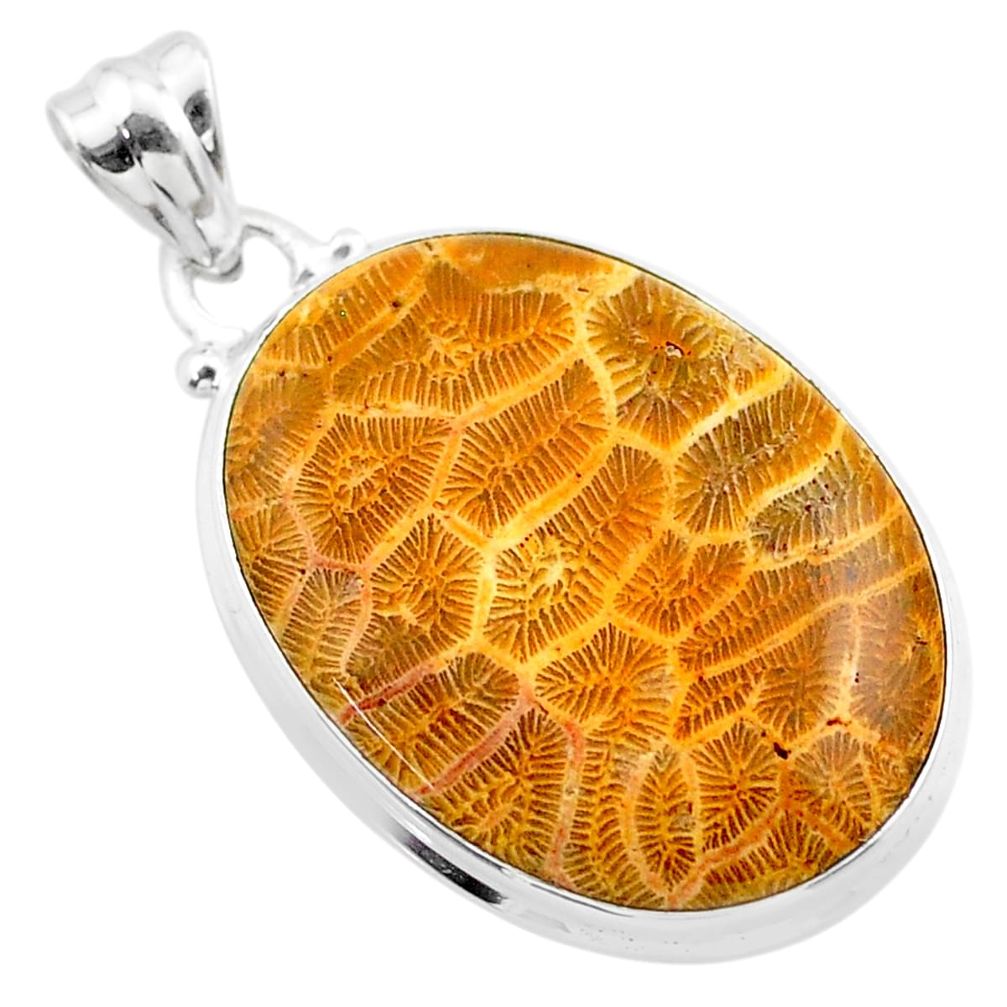 21.48cts natural yellow fossil coral petoskey stone 925 silver pendant t26676