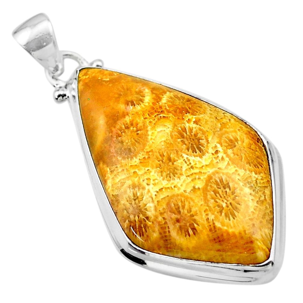 22.02cts natural yellow fossil coral petoskey stone 925 silver pendant t26701