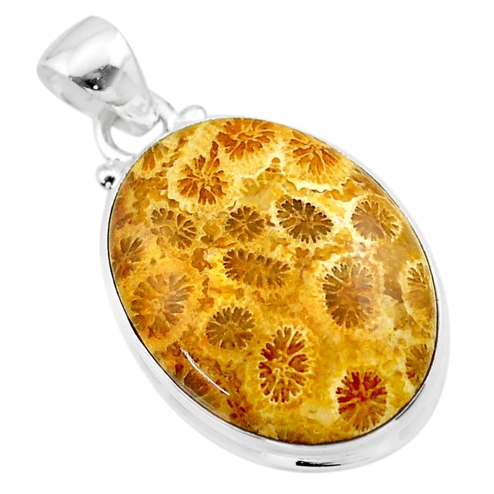 17.22cts natural yellow fossil coral petoskey stone 925 silver pendant t26705