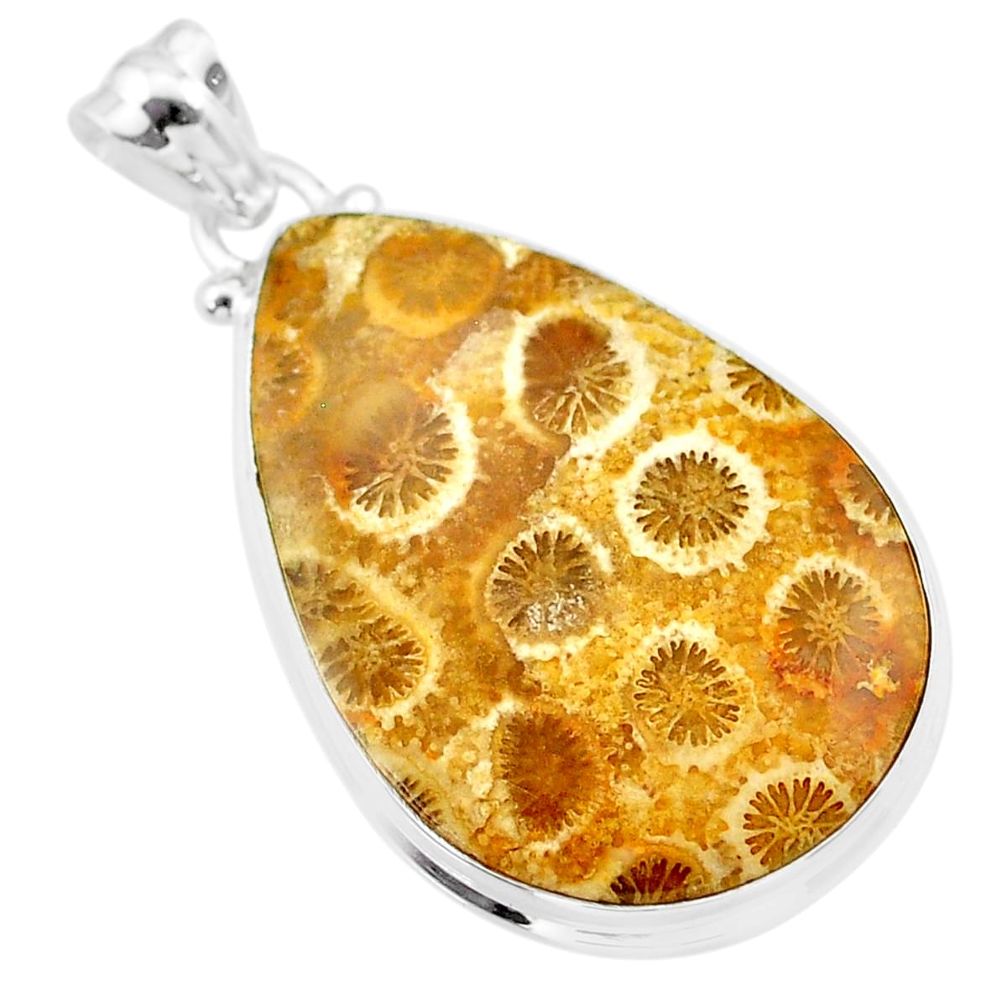 19.72cts natural yellow fossil coral petoskey stone 925 silver pendant t26708