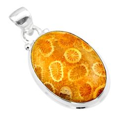 15.65cts natural yellow fossil coral petoskey stone 925 silver pendant t26710