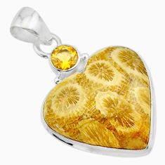 15.65cts natural yellow fossil coral petoskey stone 925 silver pendant t30541