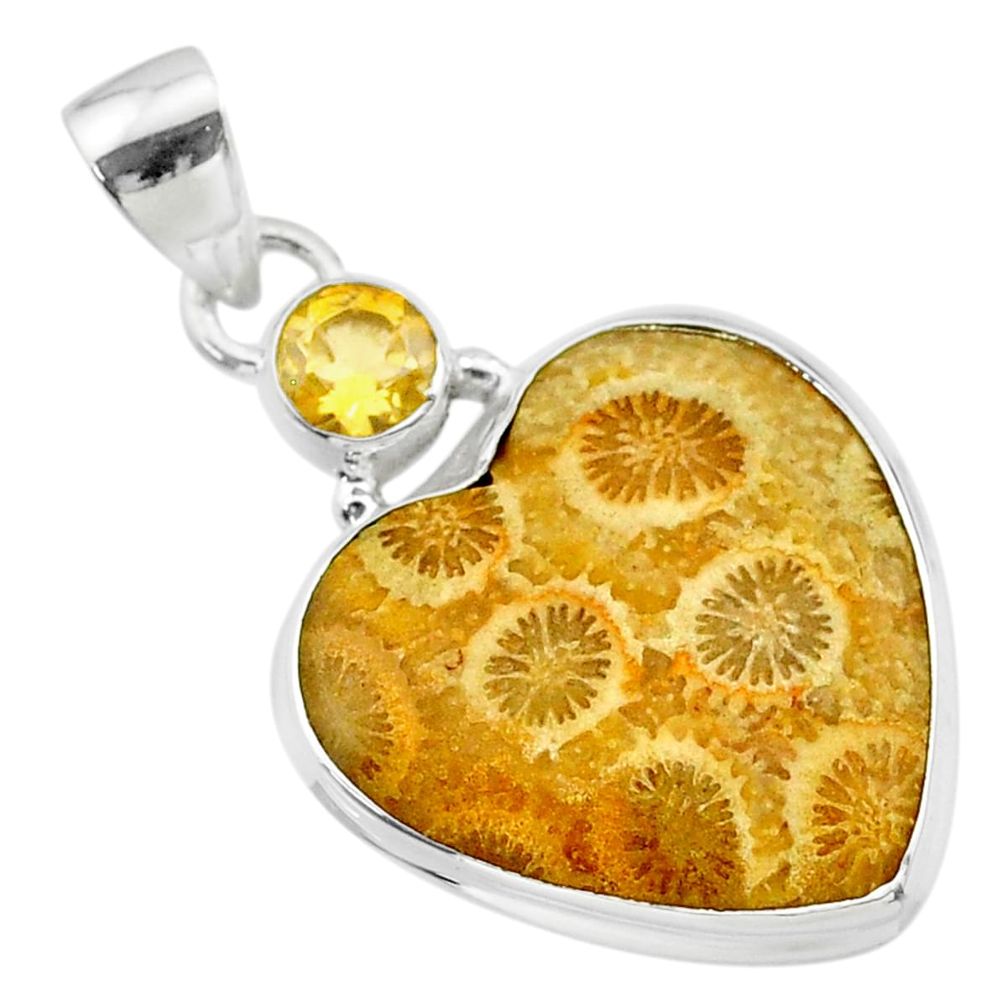 14.23cts natural yellow fossil coral petoskey stone 925 silver pendant t30544