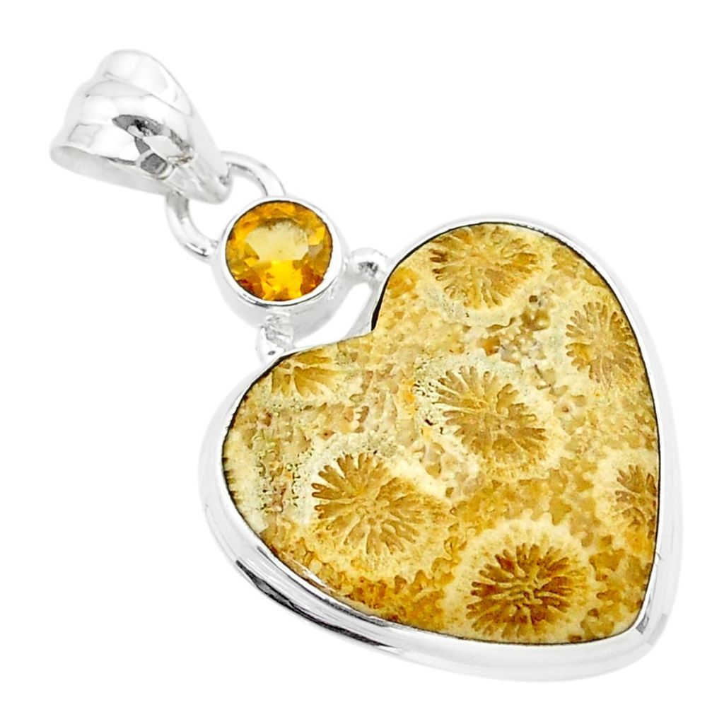 14.23cts natural yellow fossil coral petoskey stone 925 silver pendant t30549
