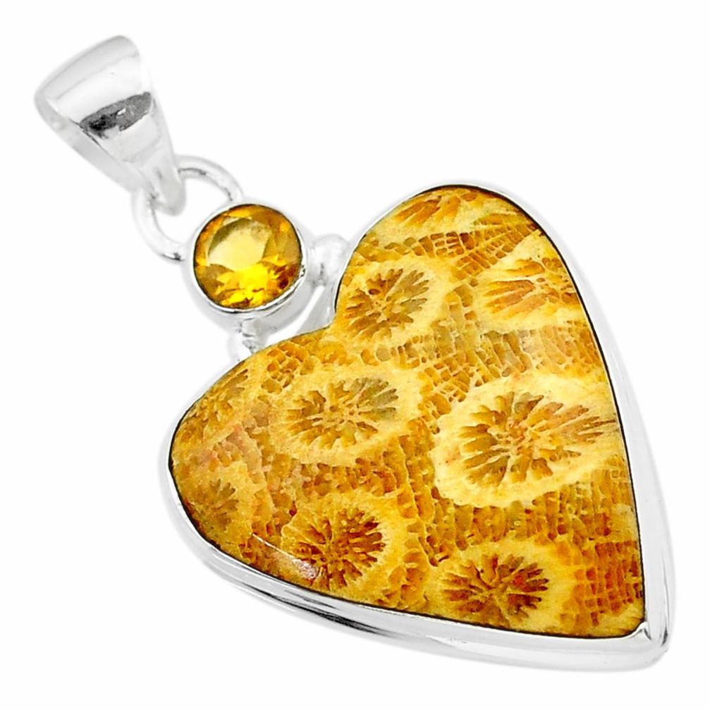16.20cts natural yellow fossil coral petoskey stone 925 silver pendant t30550