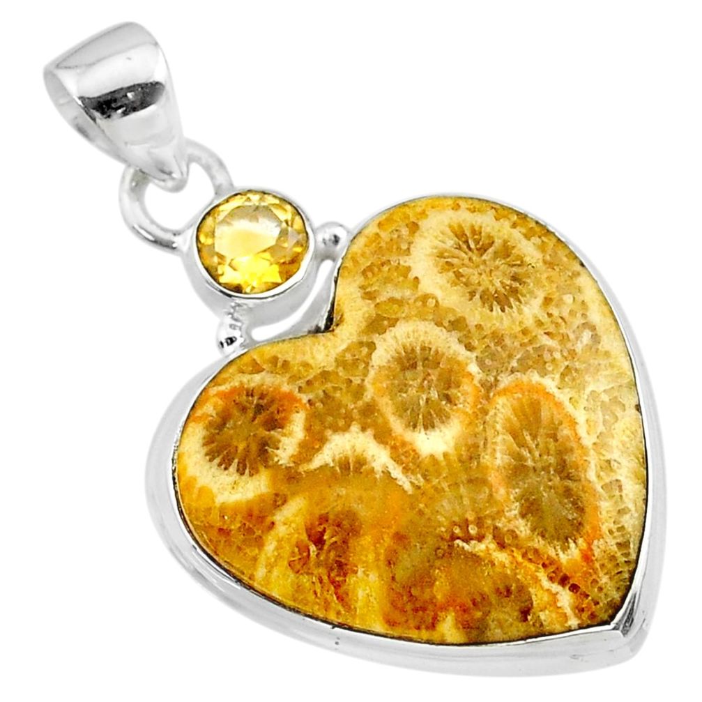 17.07cts natural yellow fossil coral petoskey stone 925 silver pendant t30551