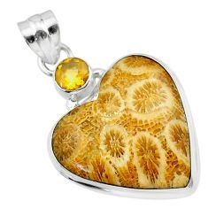 16.23cts natural yellow fossil coral petoskey stone 925 silver pendant t30555