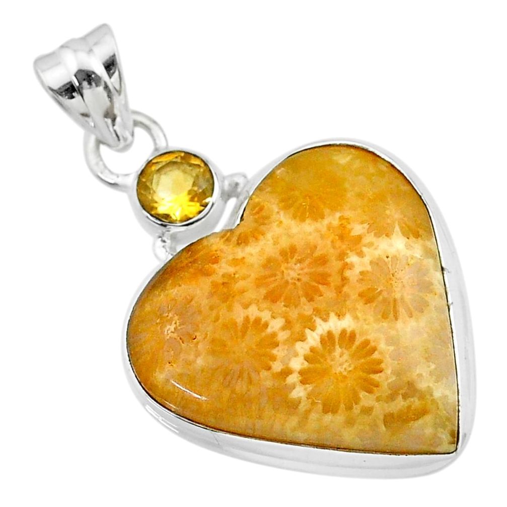 17.57cts natural yellow fossil coral petoskey stone 925 silver pendant t30560