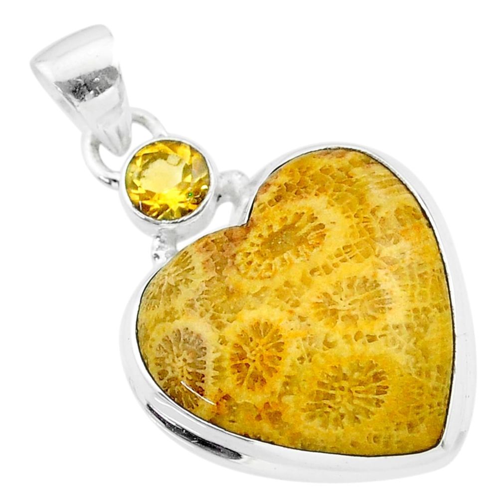 17.10cts natural yellow fossil coral petoskey stone 925 silver pendant t30562