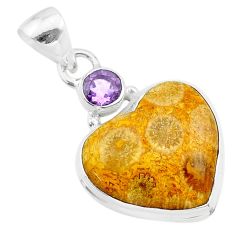 12.65cts natural yellow fossil coral petoskey stone 925 silver pendant t30563