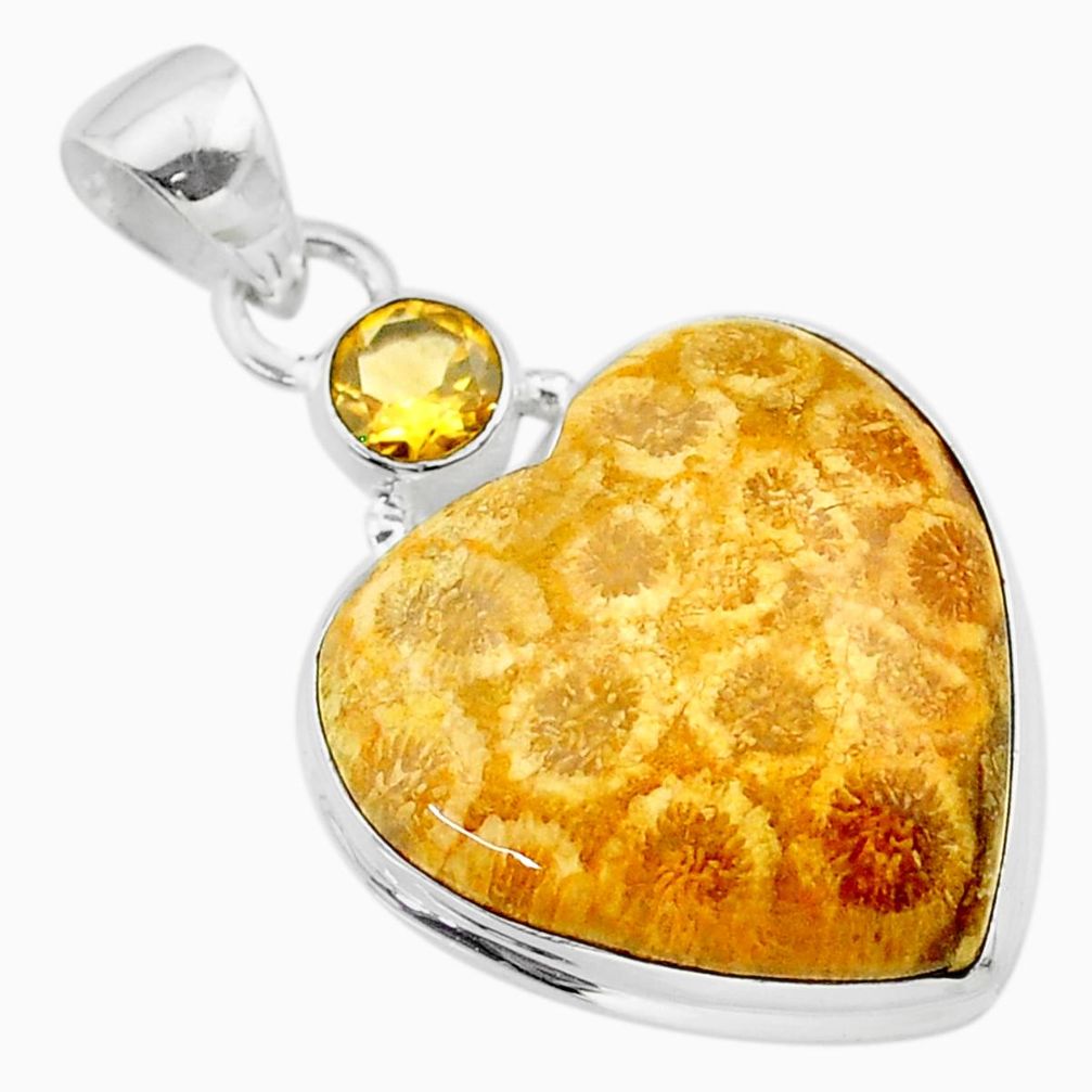 18.70cts natural yellow fossil coral petoskey stone 925 silver pendant t30569