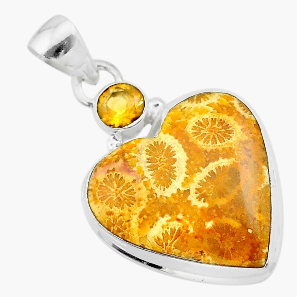 15.22cts natural yellow fossil coral petoskey stone 925 silver pendant t30571