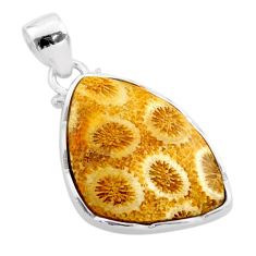 15.08cts natural yellow fossil coral petoskey stone 925 silver pendant t77452