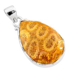 15.08cts natural yellow fossil coral petoskey stone 925 silver pendant t77460