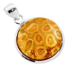 14.72cts natural yellow fossil coral petoskey stone 925 silver pendant t77464