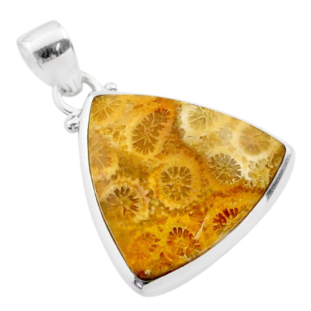 16.20cts natural yellow fossil coral petoskey stone 925 silver pendant t77466