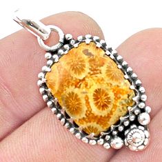 11.51cts natural yellow fossil coral petoskey stone 925 silver pendant u40848