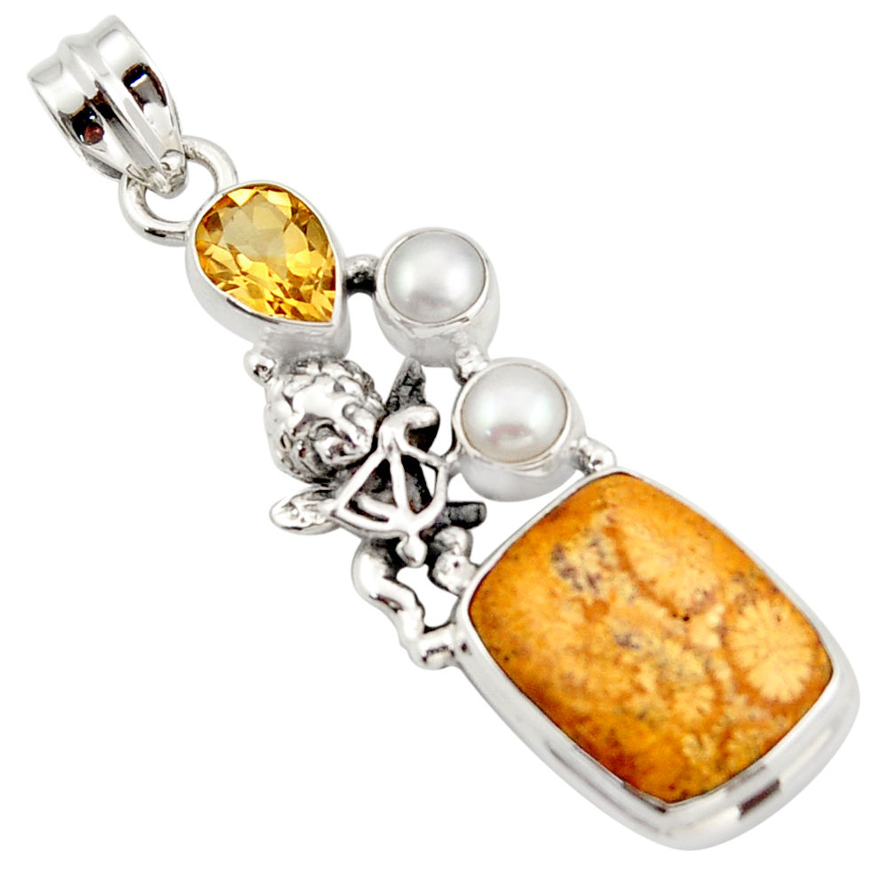 15.76cts natural yellow fossil coral petoskey stone silver angel pendant d47284