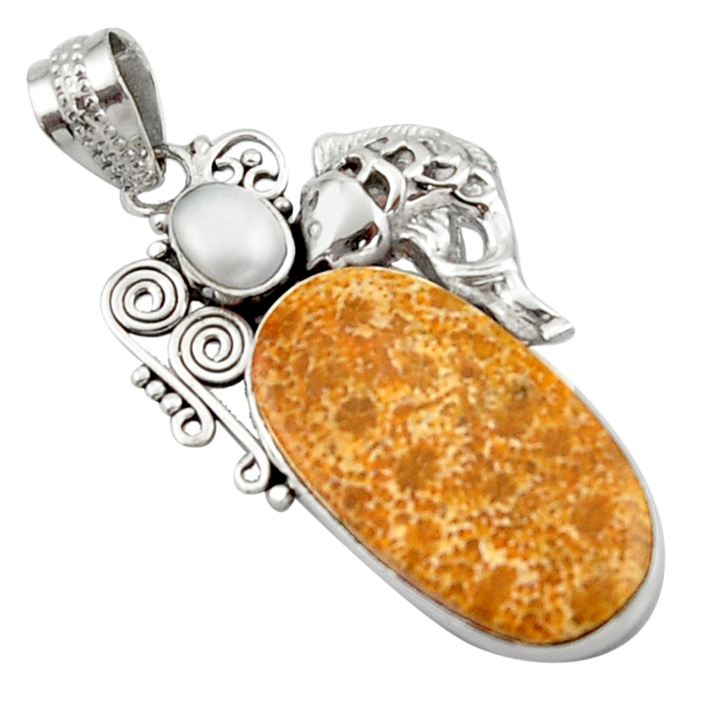 16.70cts natural yellow fossil coral petoskey stone silver fish pendant d46603