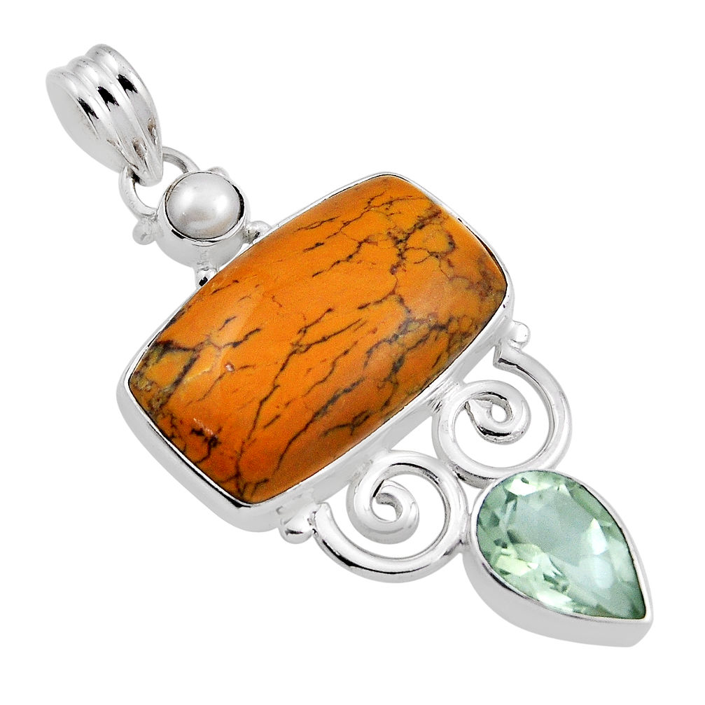 24.08cts natural yellow mookaite octagan amethyst pearl silver pendant n24860