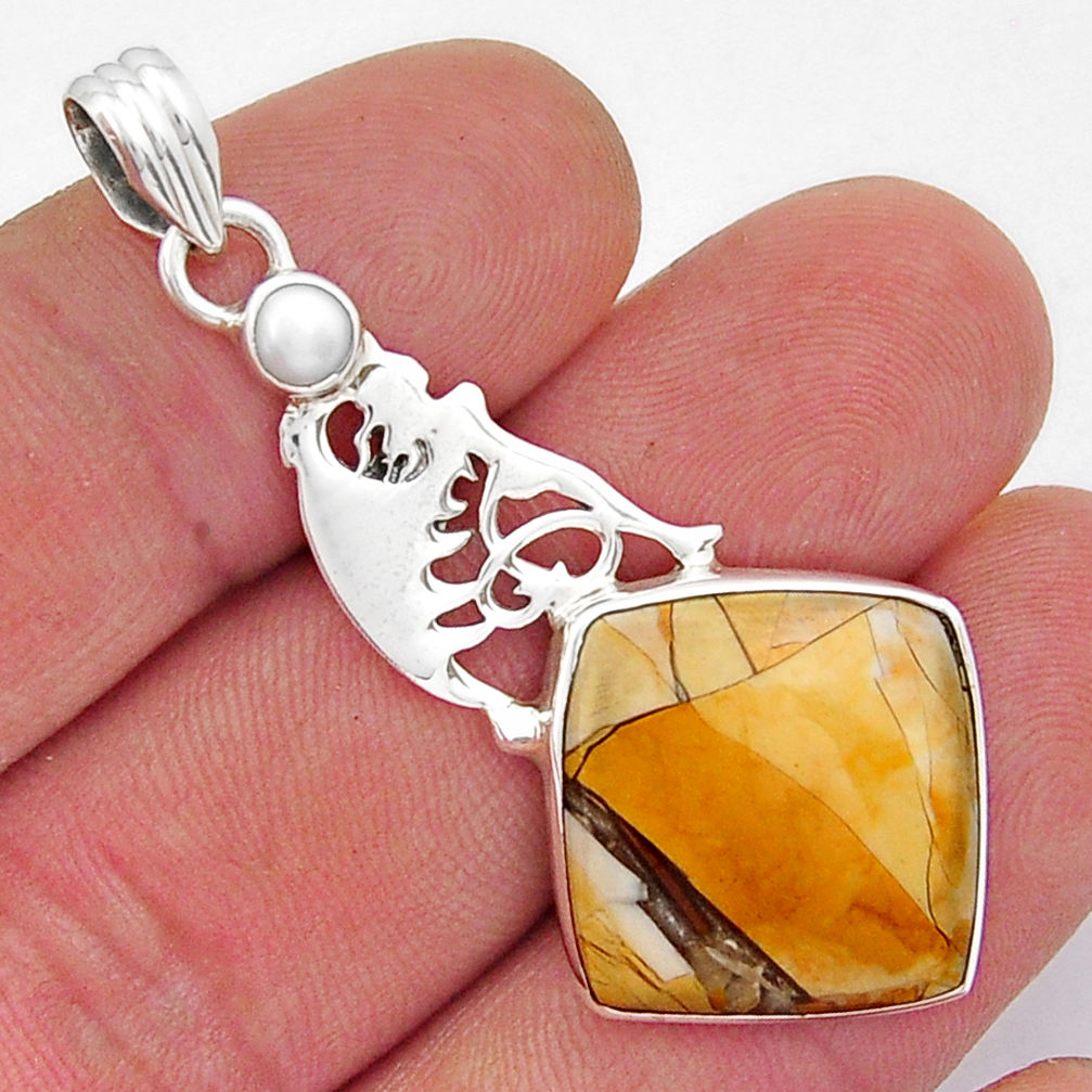 11.11cts natural yellow mookaite white pearl 925 sterling silver pendant y20713