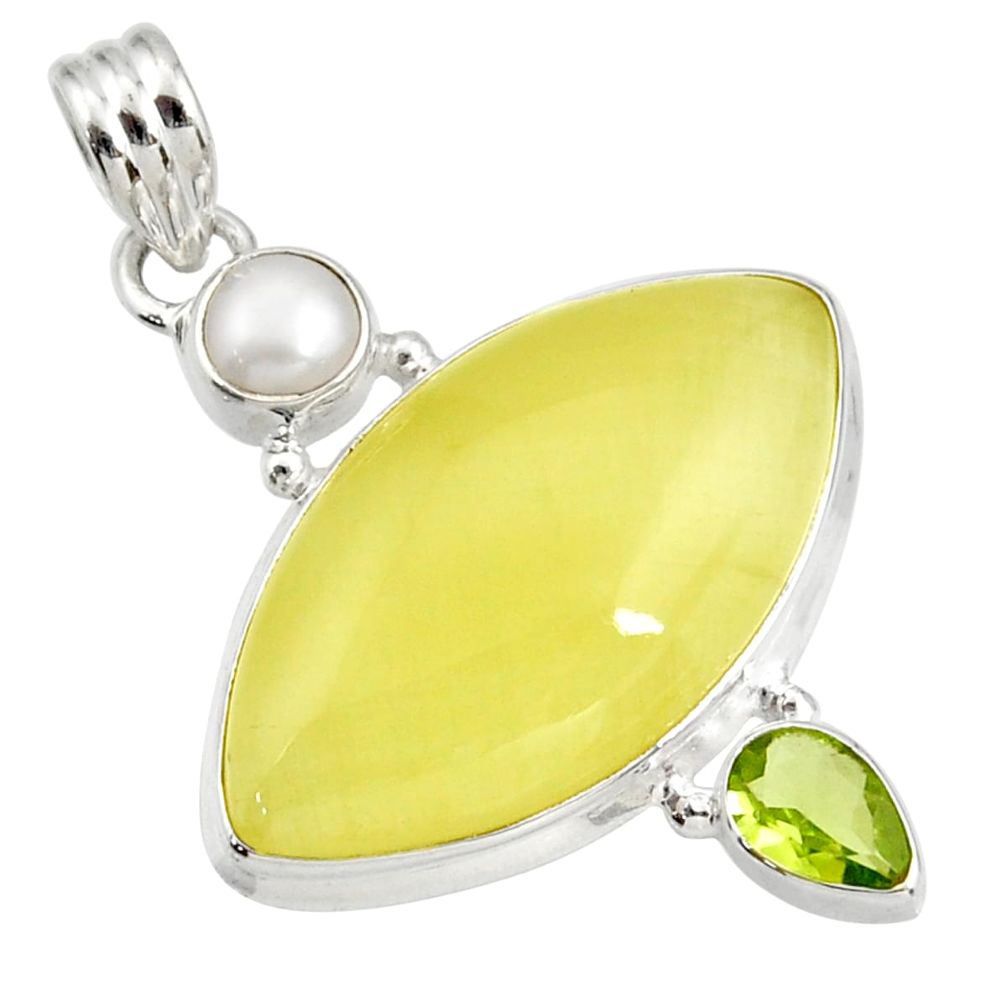 22.54cts natural yellow olive opal peridot pearl 925 silver pendant d41405