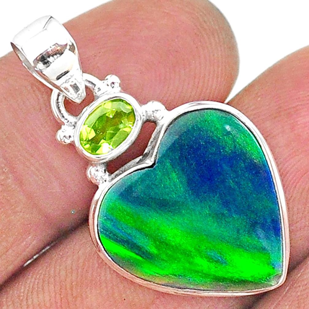 9.67cts northern lights aurora opal (lab) peridot 925 silver pendant t16990