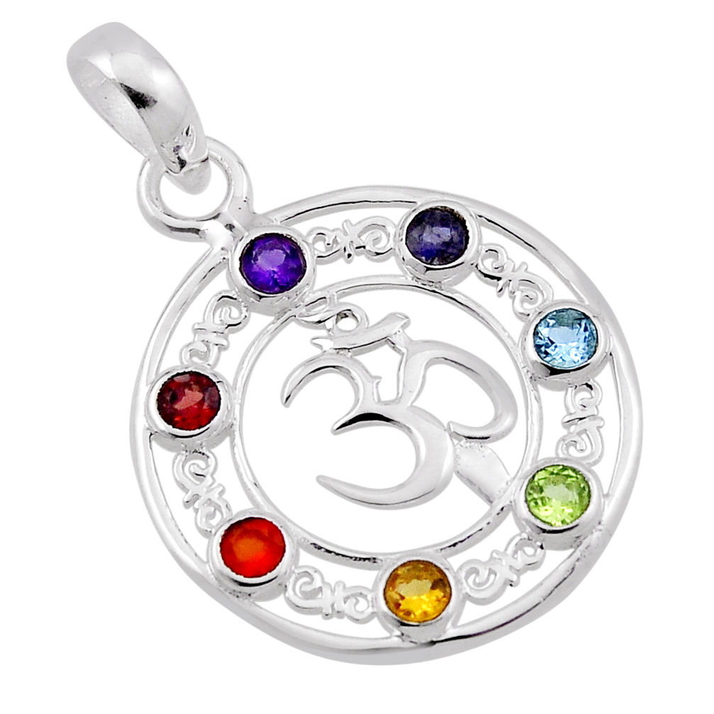 Om amethyst cornelian peridot citrine garnet topaz silver chakra pendant n32466