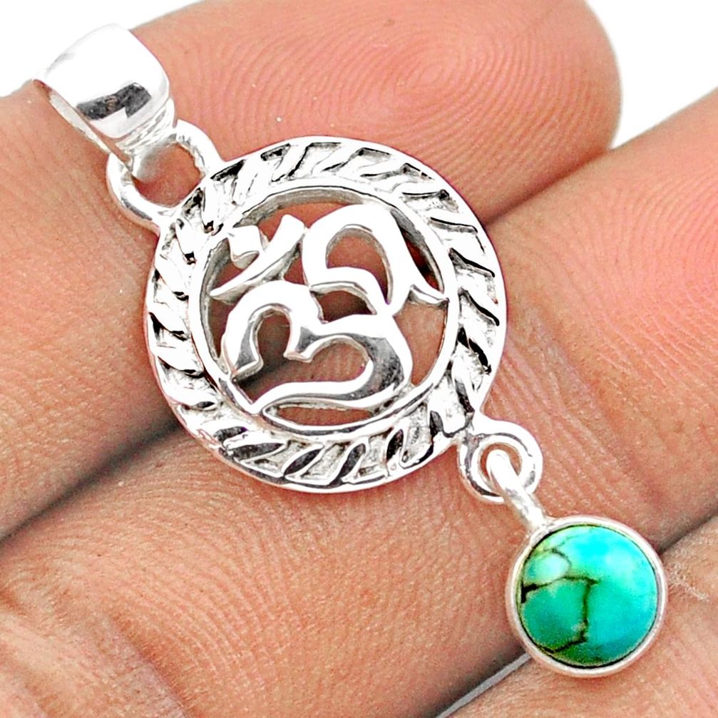 1.09cts om symbol natural green turquoise tibetan 925 silver pendant u13790