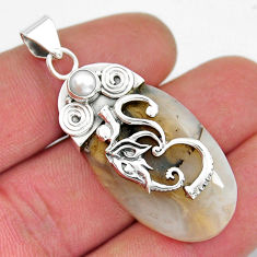 34.69cts om symbol natural plume agate white pearl 925 silver pendant y21376