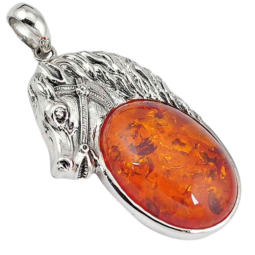 Orange amber oval shape 925 sterling silver horse pendant jewelry c22595
