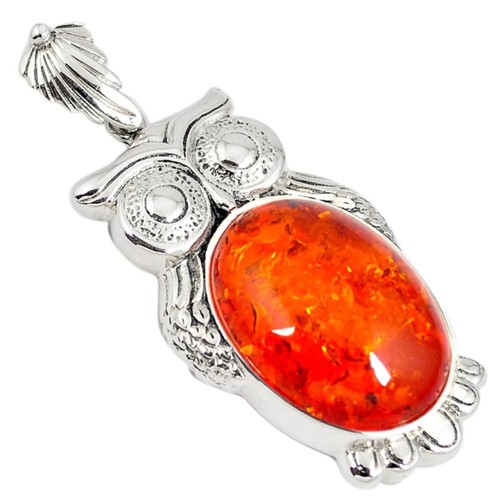 Orange amber oval shape 925 sterling silver owl pendant jewelry c22577