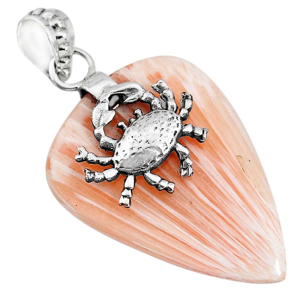 20.95cts orange scolecite high vibration crystal 925 silver crab pendant r90819