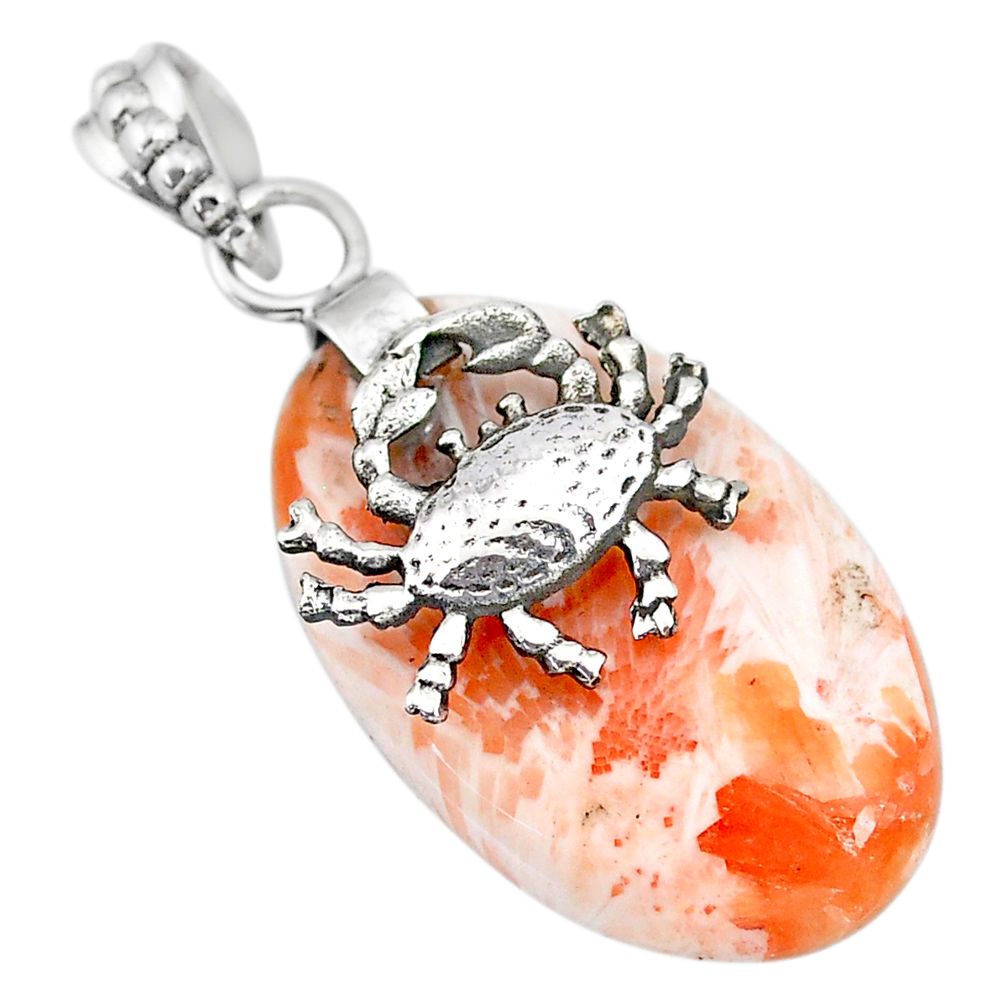 19.79cts orange scolecite high vibration crystal 925 silver crab pendant r91144