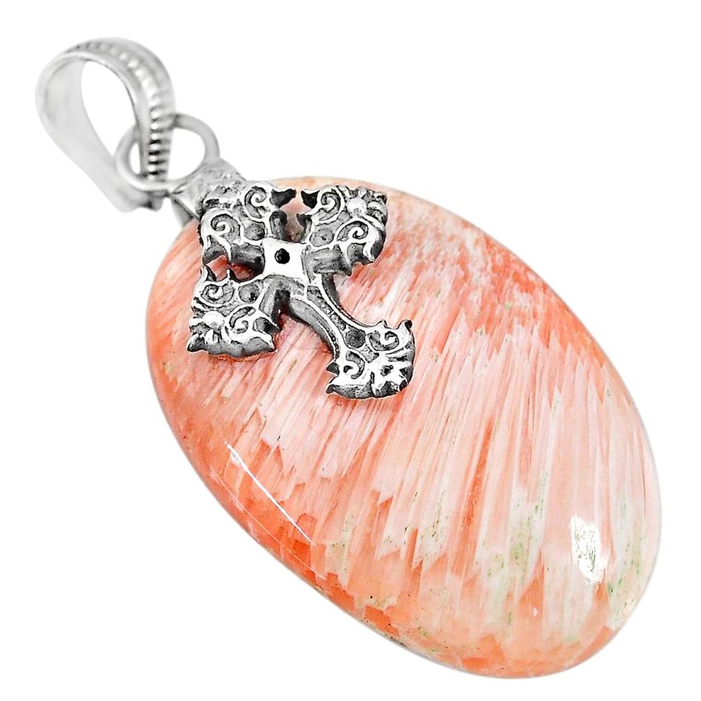 30.41cts orange scolecite high vibration crystal 925 silver cross pendant r90812