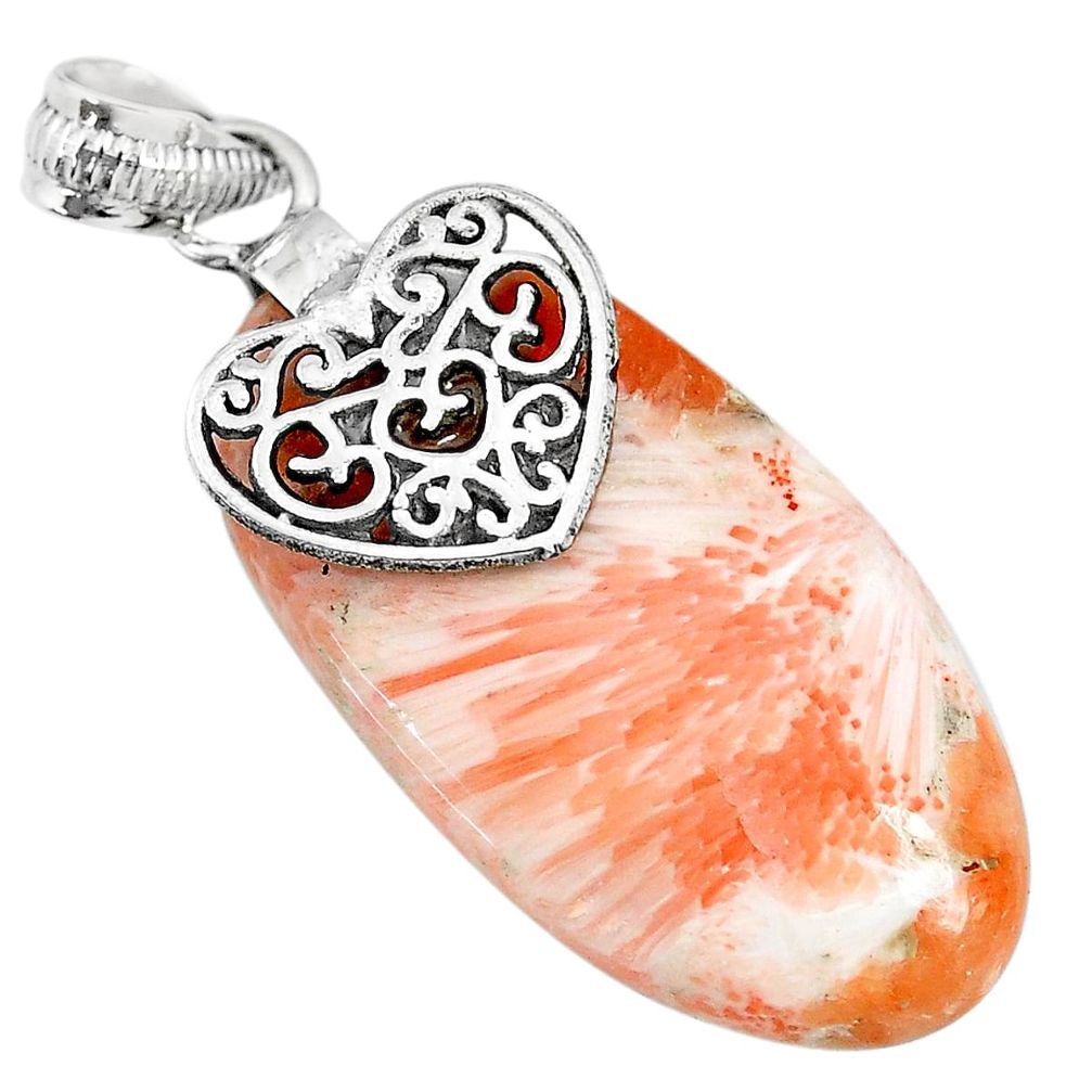 20.10cts orange scolecite high vibration crystal 925 silver heart pendant r90816