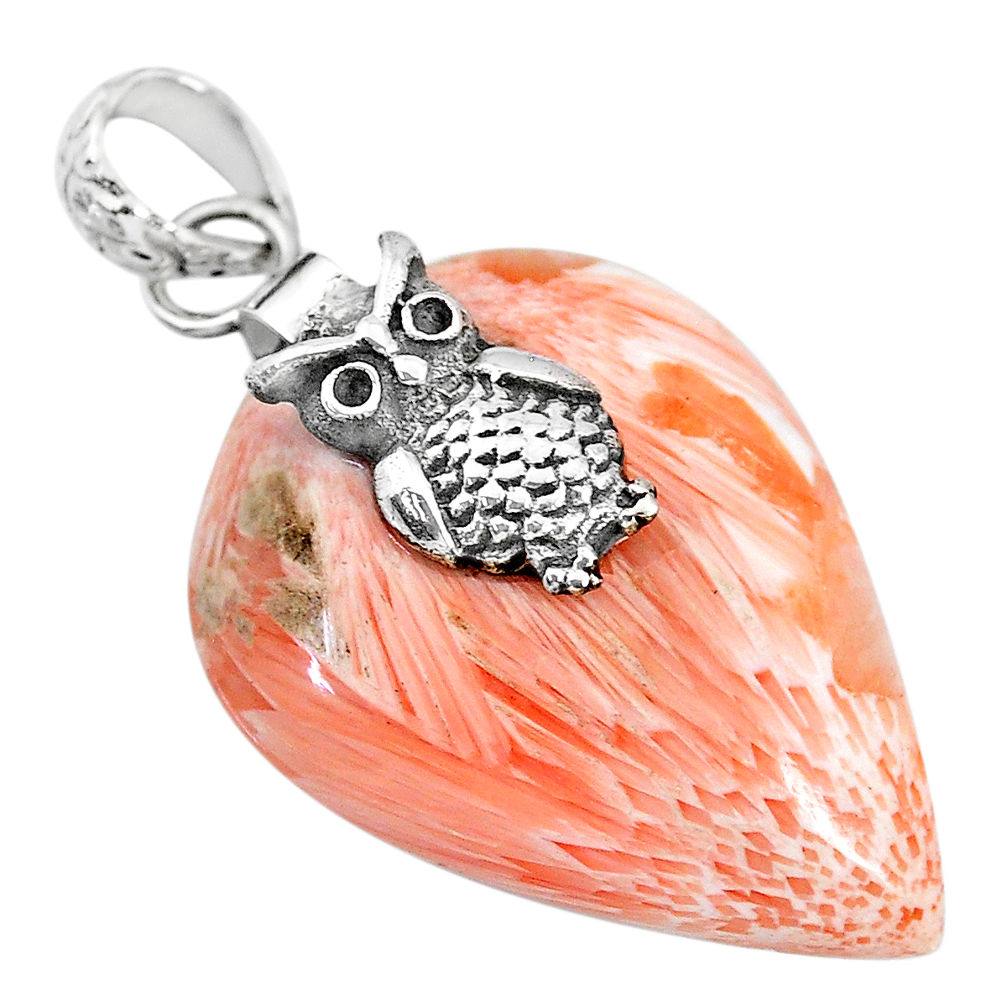 23.81cts orange scolecite high vibration crystal 925 silver owl pendant r90811