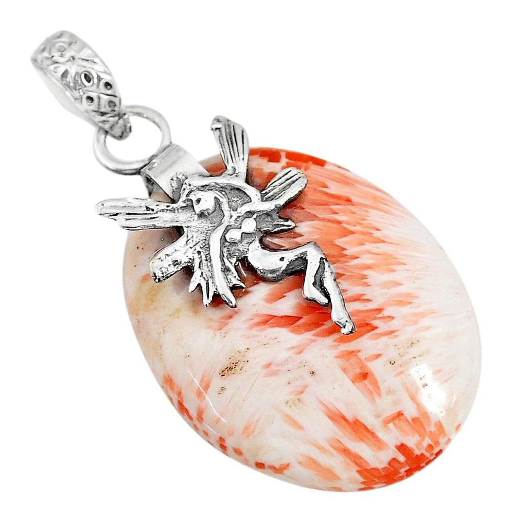 21.09cts orange scolecite high vibration crystal silver angel pendant r90818