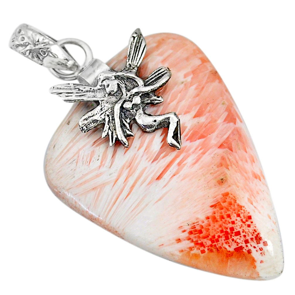 Orange scolecite high vibration crystal silver angel wings fairy pendant r91143