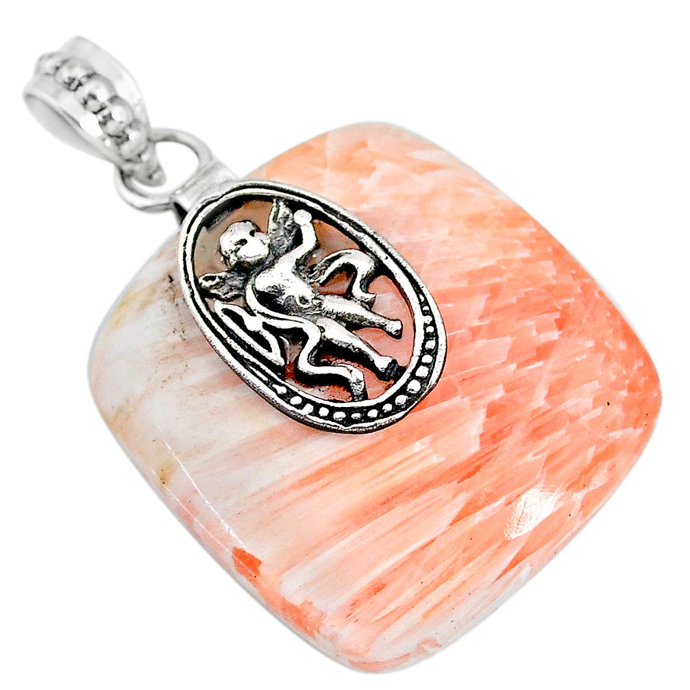 Orange scolecite high vibration crystal silver cupid angel wings pendant r90807