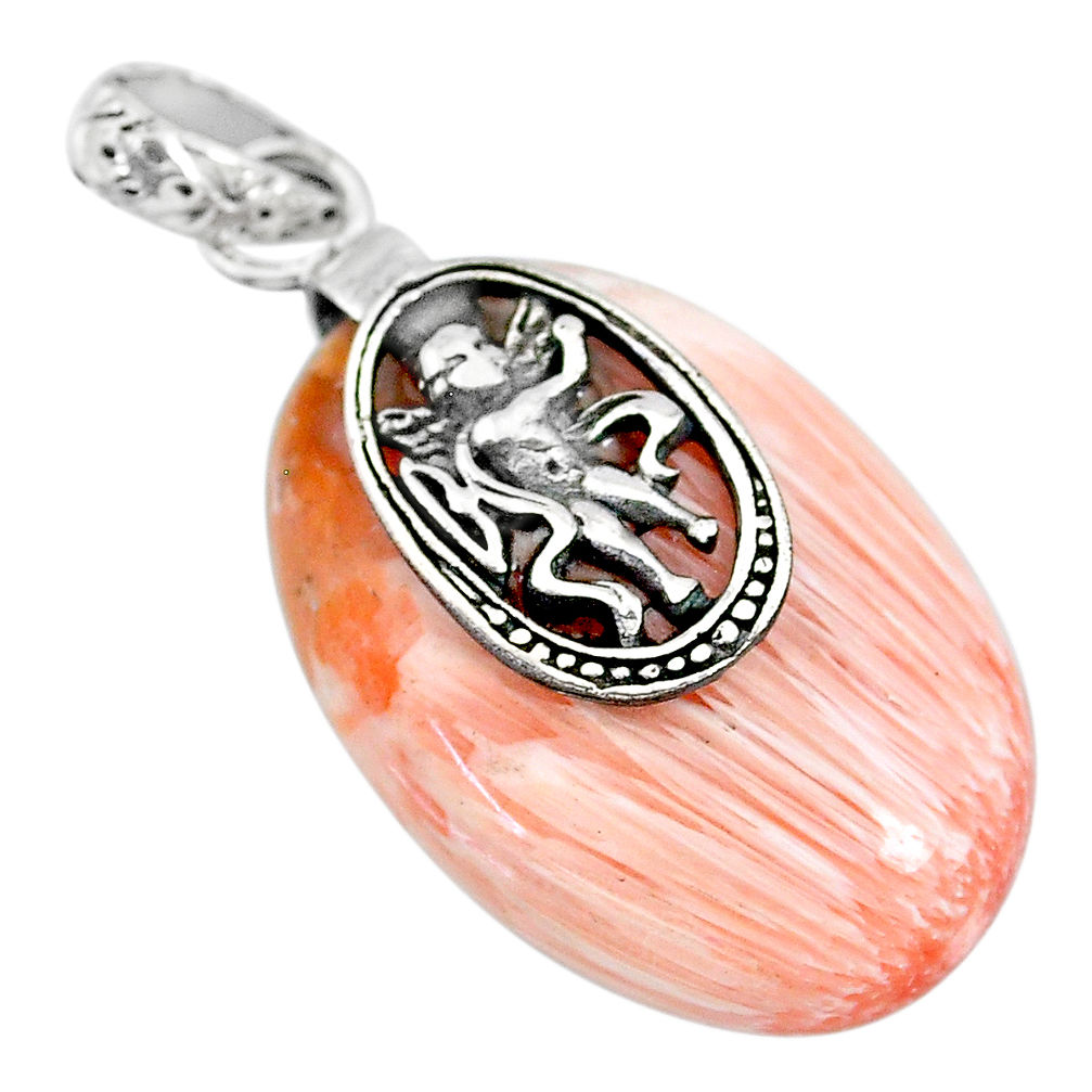 Orange scolecite high vibration crystal silver cupid angel wings pendant r90808