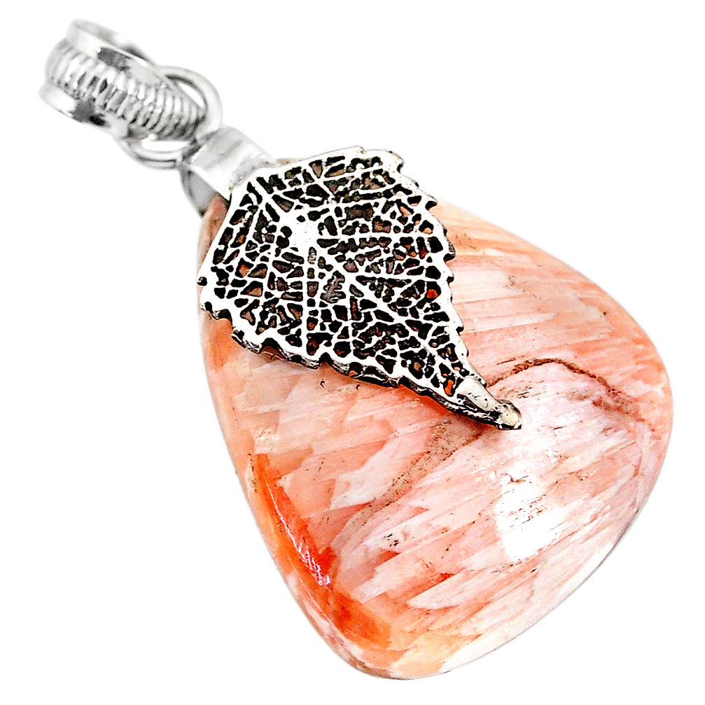 21.66cts orange scolecite high vibration crystal silver leaf pendant r90813