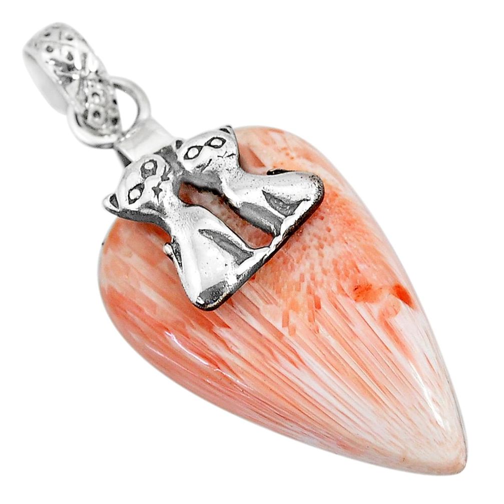 19.00cts orange scolecite high vibration crystal silver two cats pendant r90801