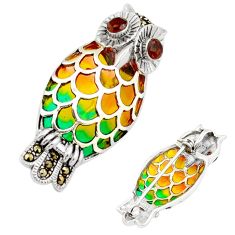 1.15cts owl natural red ruby marcasite enamel 925 silver brooch pendant c29514