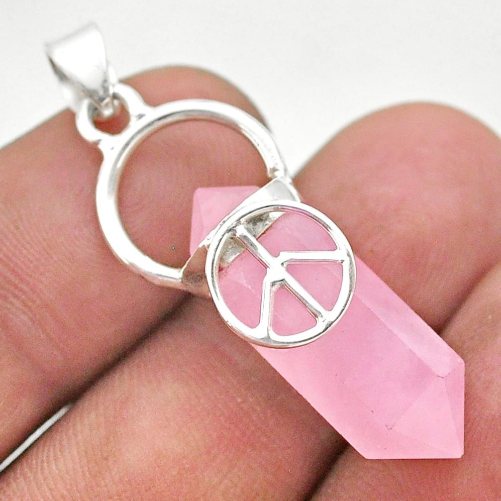 12.22cts peace double pointer natural pink rose quartz 925 silver pendant t44492