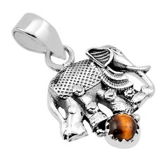 0.80cts peacock natural brown tiger's eye round silver elephant pendant n40349