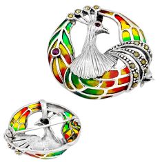 0.38cts peacock natural red ruby marcasite enamel silver brooch pendant c29548